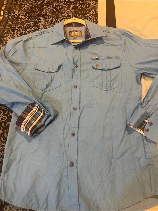 Rodeo Clothing Other - Rodeo Light Blue Button-Up Shirt with Plaid Cuff Detail